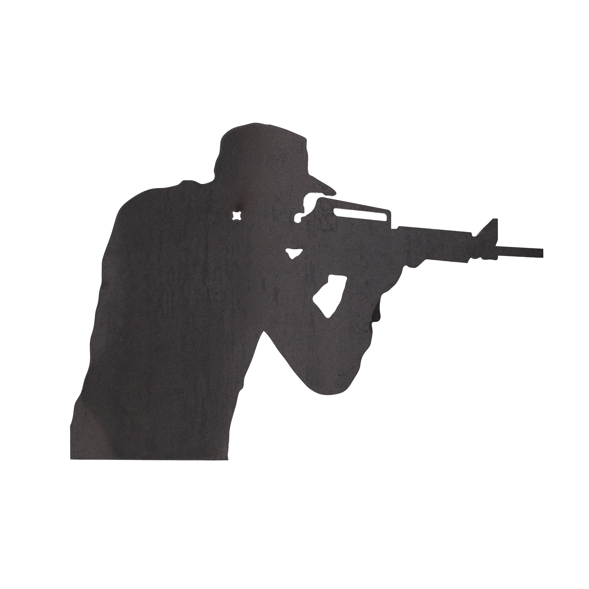 Steel silhouette target of a man holding a rifle on a white background
