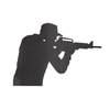 Steel silhouette target of a man holding a rifle on a white background