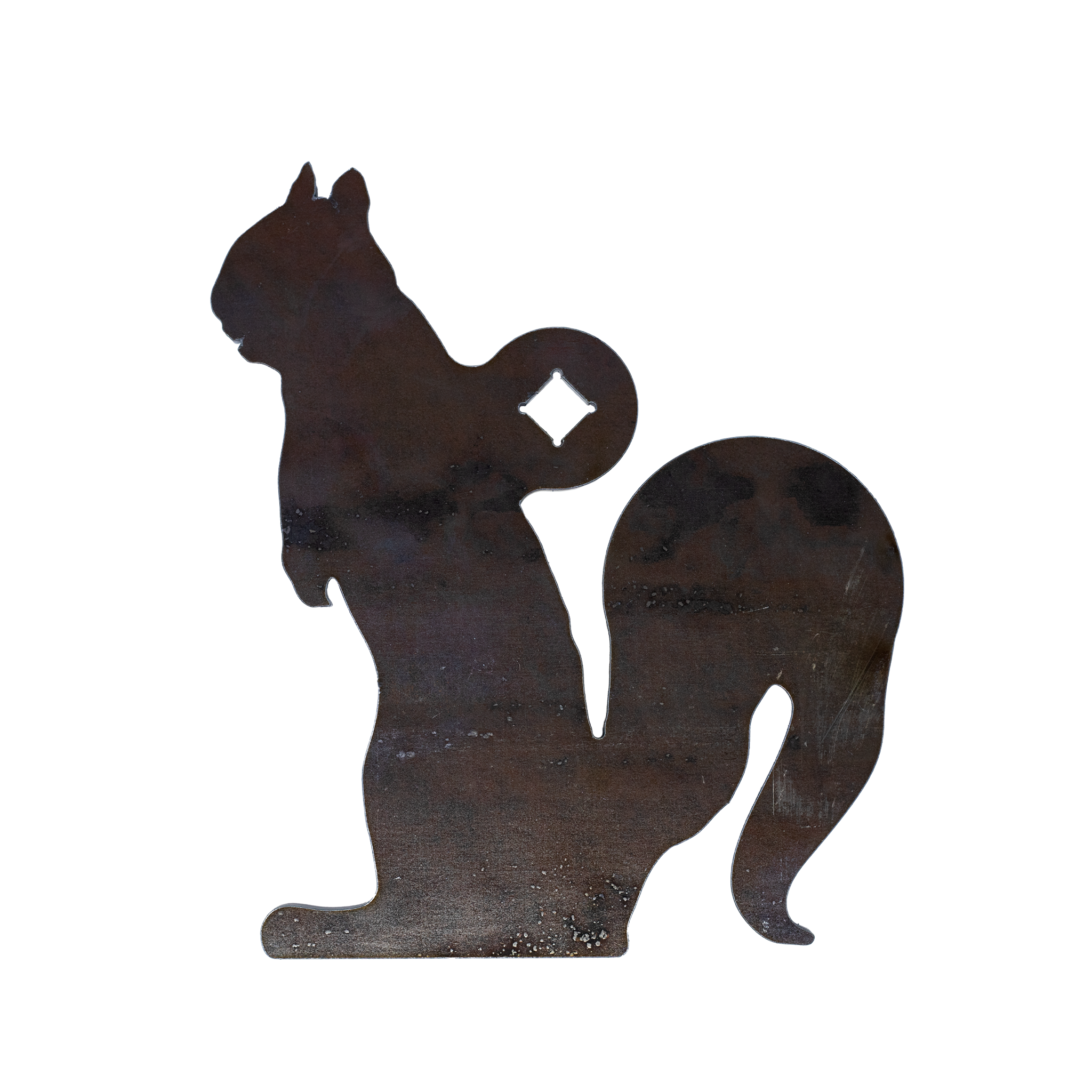 Raw squirrel steel gong rated for rimfire on a white background