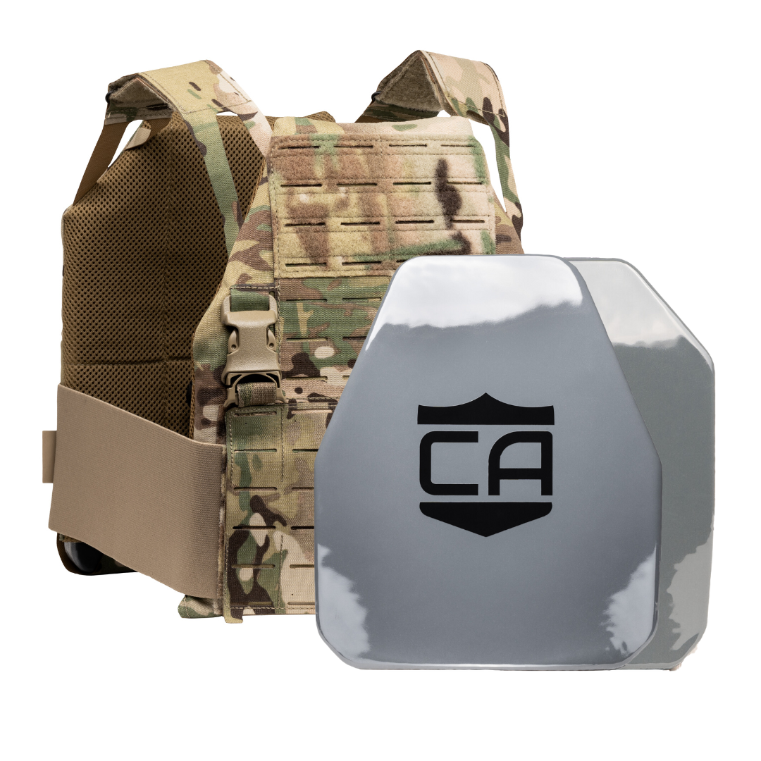 Caliber AV2 DV8 RF2 Body Armor Package with scorpion DV8 plate carrier and AV2 RF2 armor plates shooters and SAPI cut