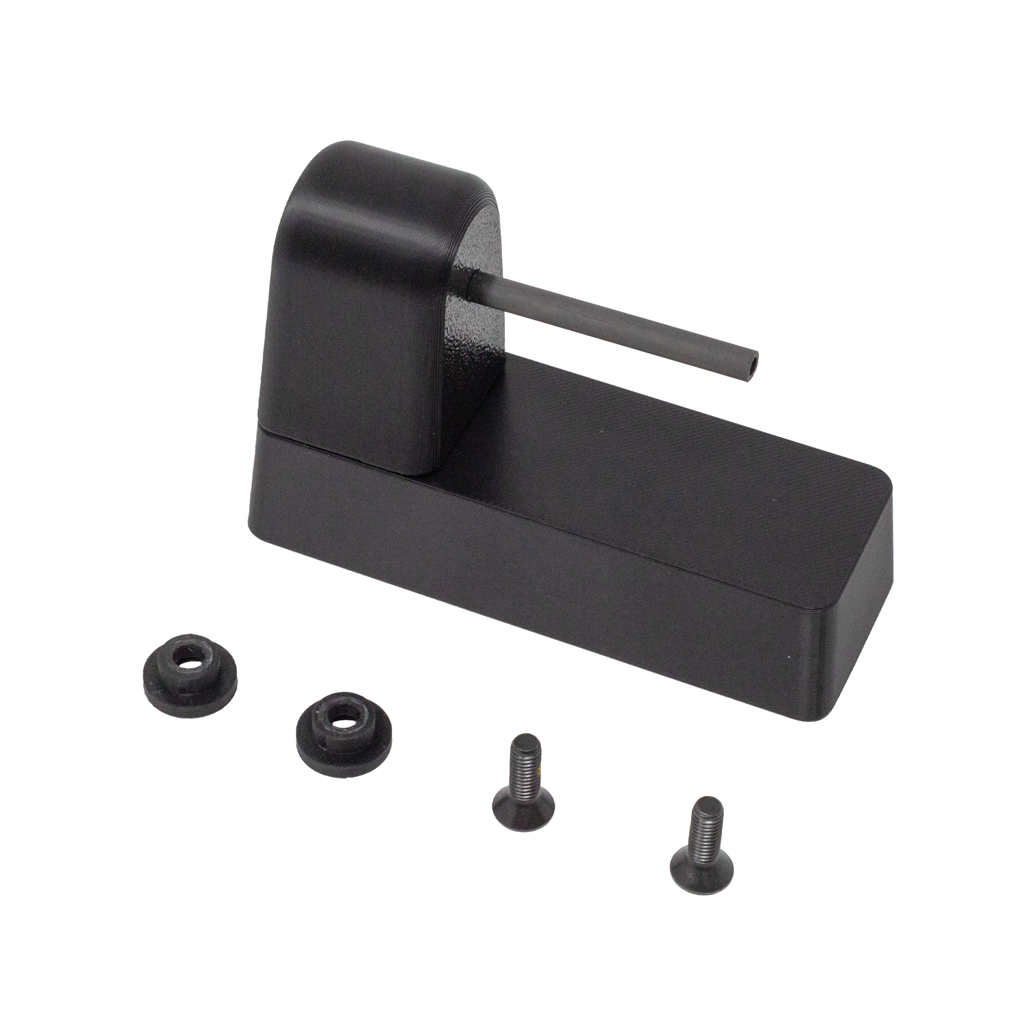 Black plastic pistol mount that has a carbon fiber rod that slides into the barrel of a pistol to mount it to a flat surface, image shows mount and the hardware on a white background
