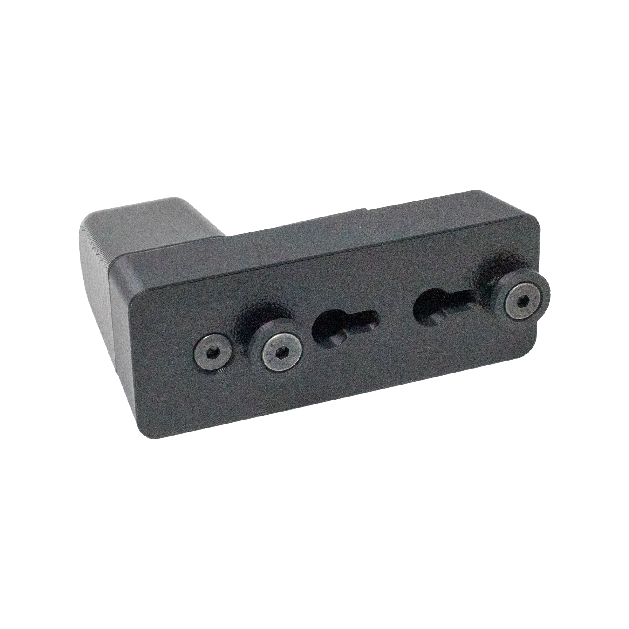 Backside view of black plastic pistol mount that can be mounted directly to a flat wall with the slots built into the back of the mount or install the hardware and mount it directly to the Assault Wall slat wall panels