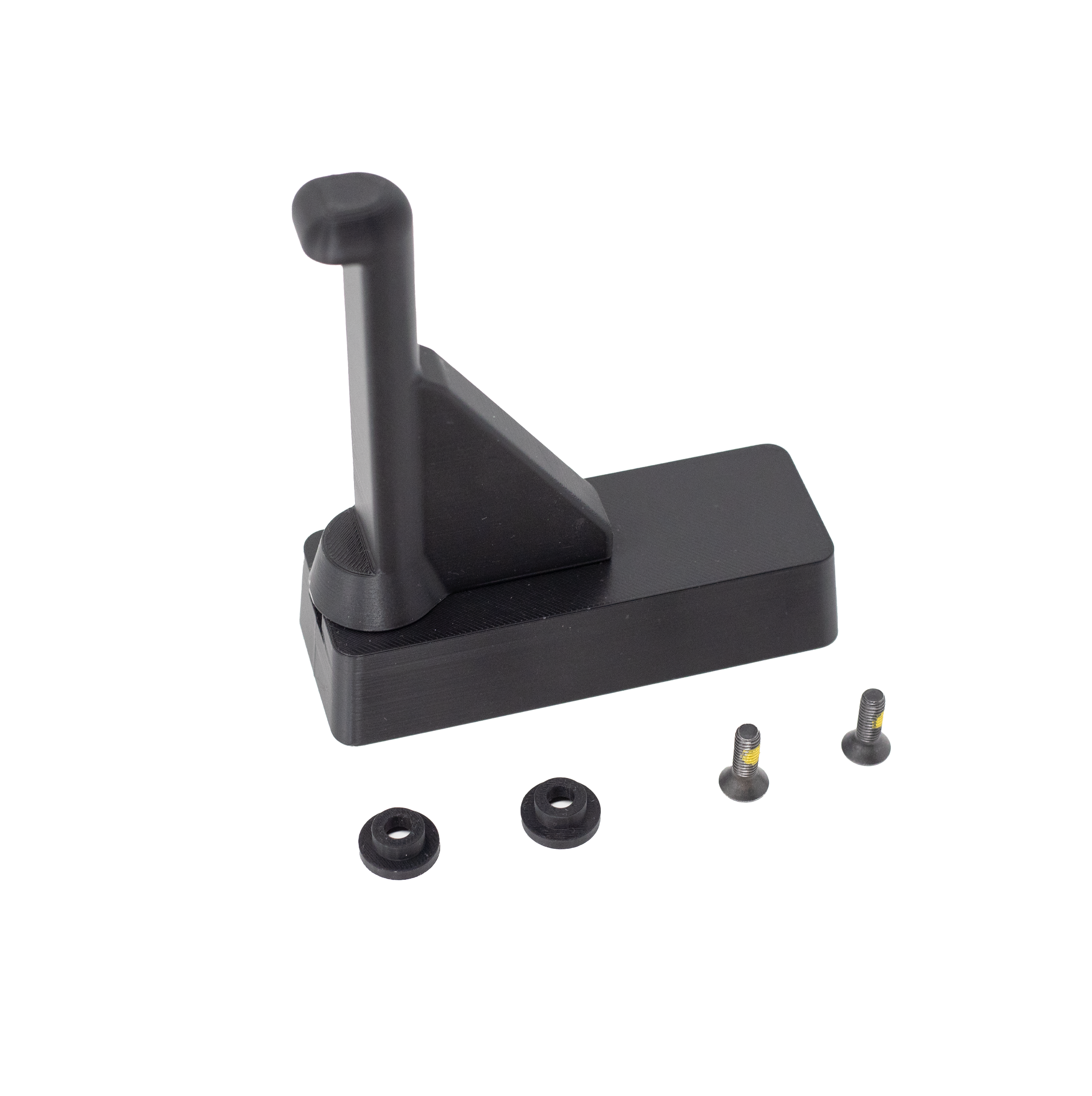 black plastic hanger for compound bows and crossbows shown with hardware on a white back ground