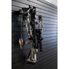 black plastic hanger for vertically hung crossbows shown mounted to a black tactical gear slat wall named Assault Wall