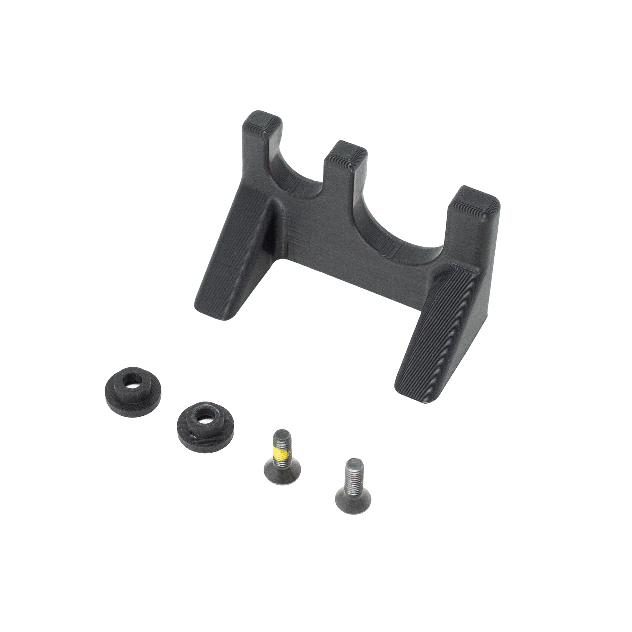 Tactical flashlight wall hanging mount, 2 flashlight capacity shown with hardware on a black background