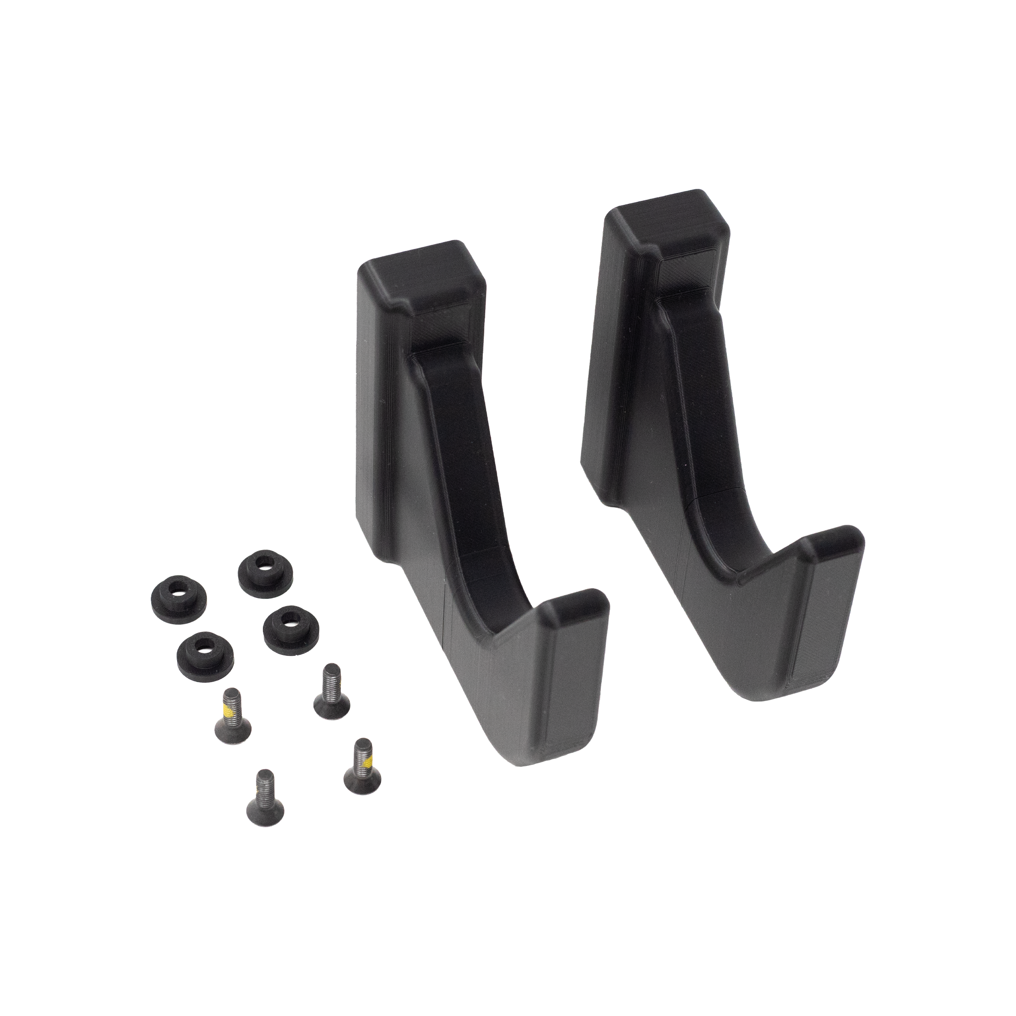 Two black plastic hooks with hardware on a white background