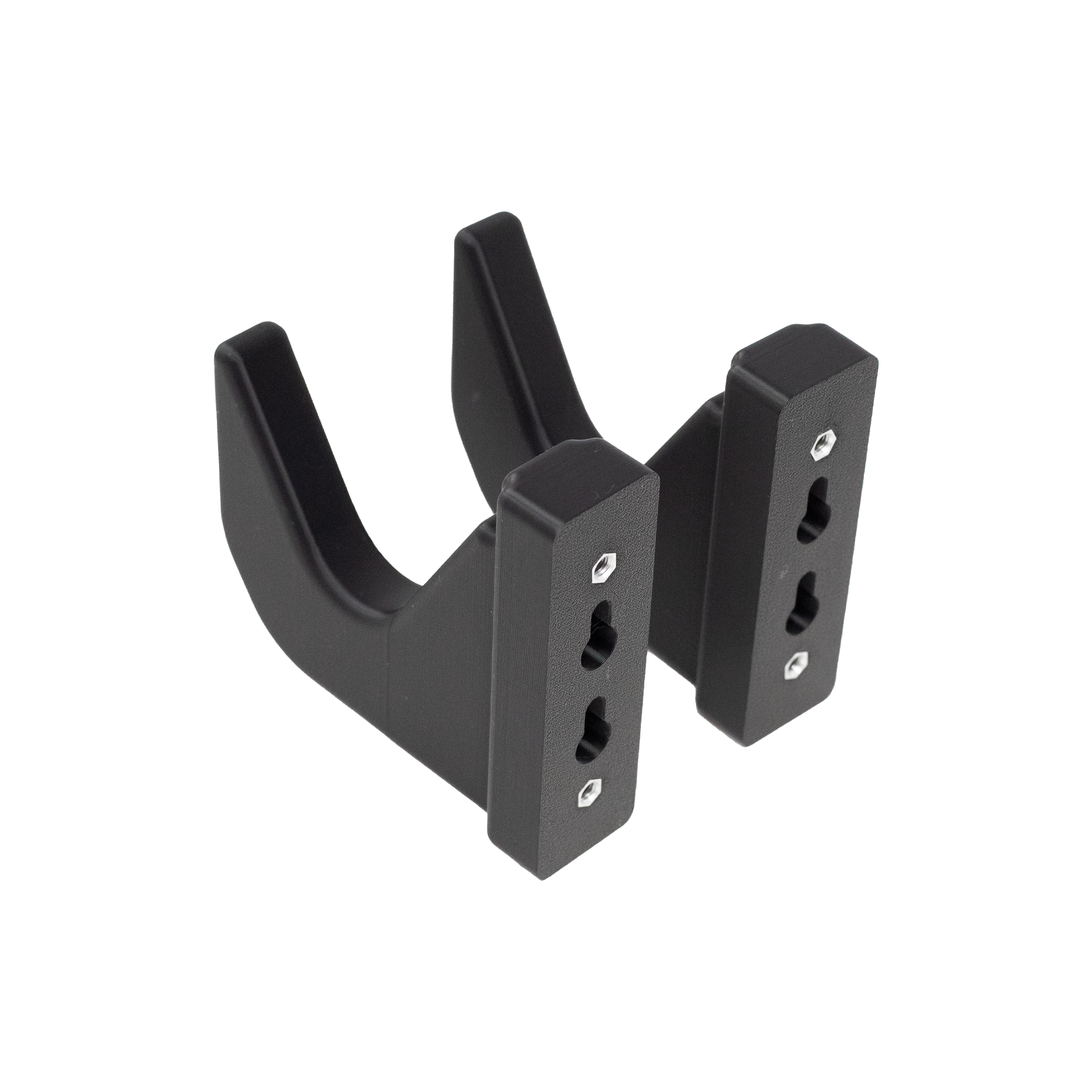 backside view of two black plastic universal hook hanger showing that they can be mounted directly to a wall 