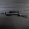 Black rifle with scope & bipod mounted on two hooks that have been mounted at varrying heights to proerly support the weapon on the Assault Wall slat wall panel system