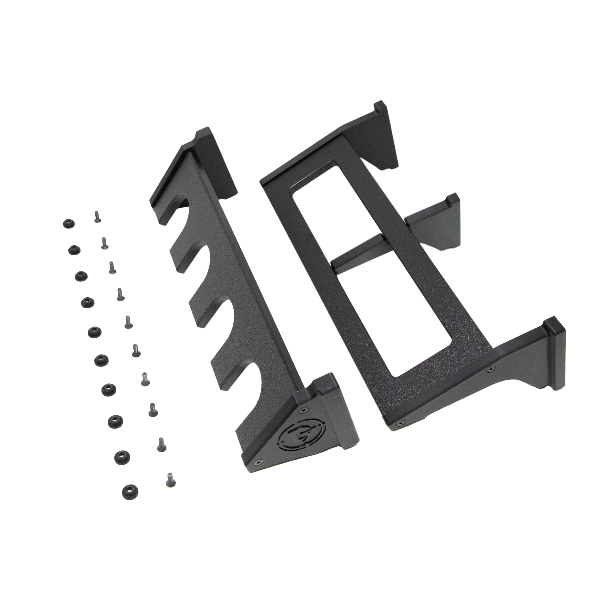 Black plastic vertical four gun storage mount, both upper & lower portion of mount shown with hardware on a white background