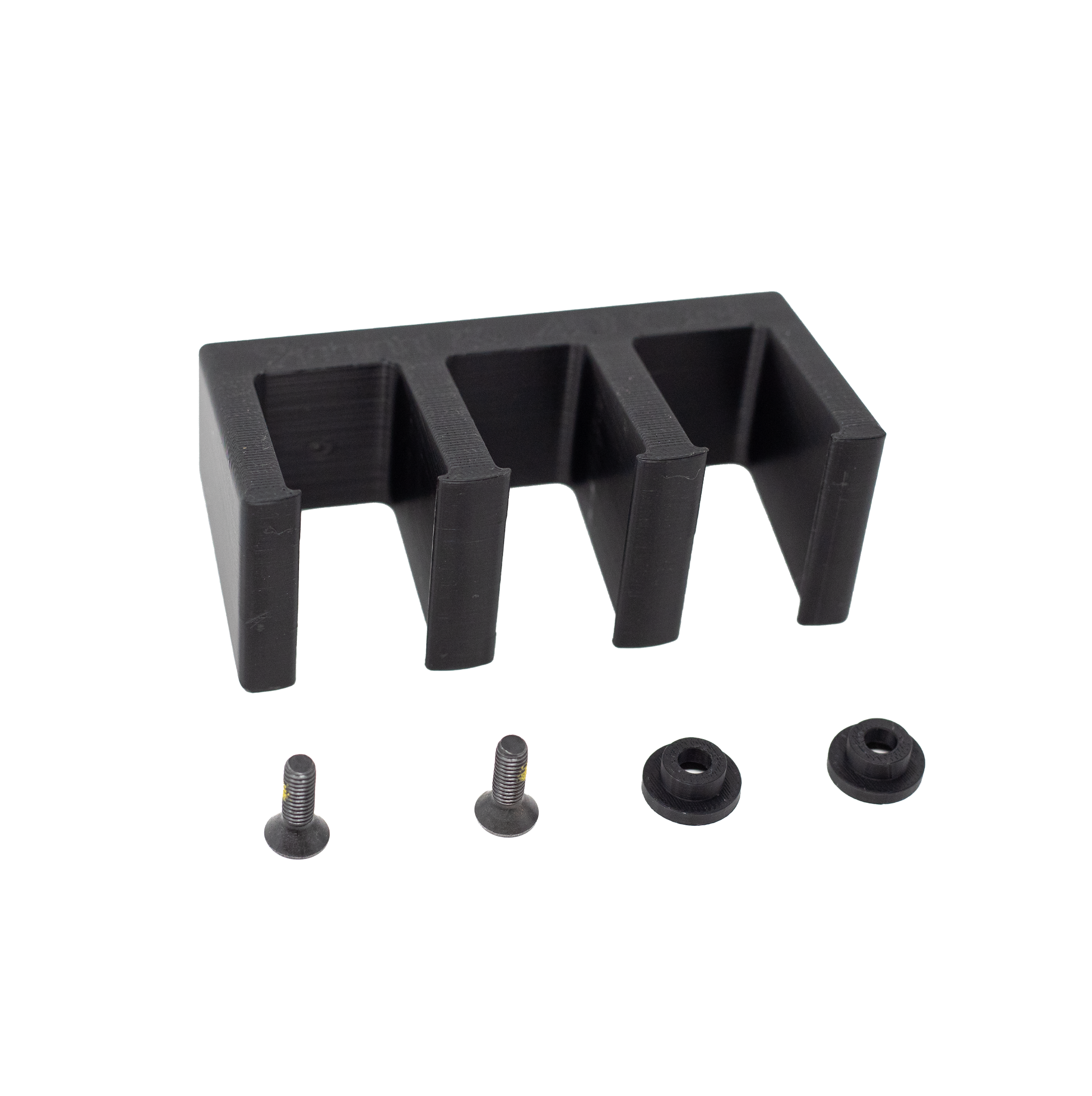 Black pistol magazine hanger for 9mm & 40 cal  magazines with hardware on a white background, 3 magazine capacity