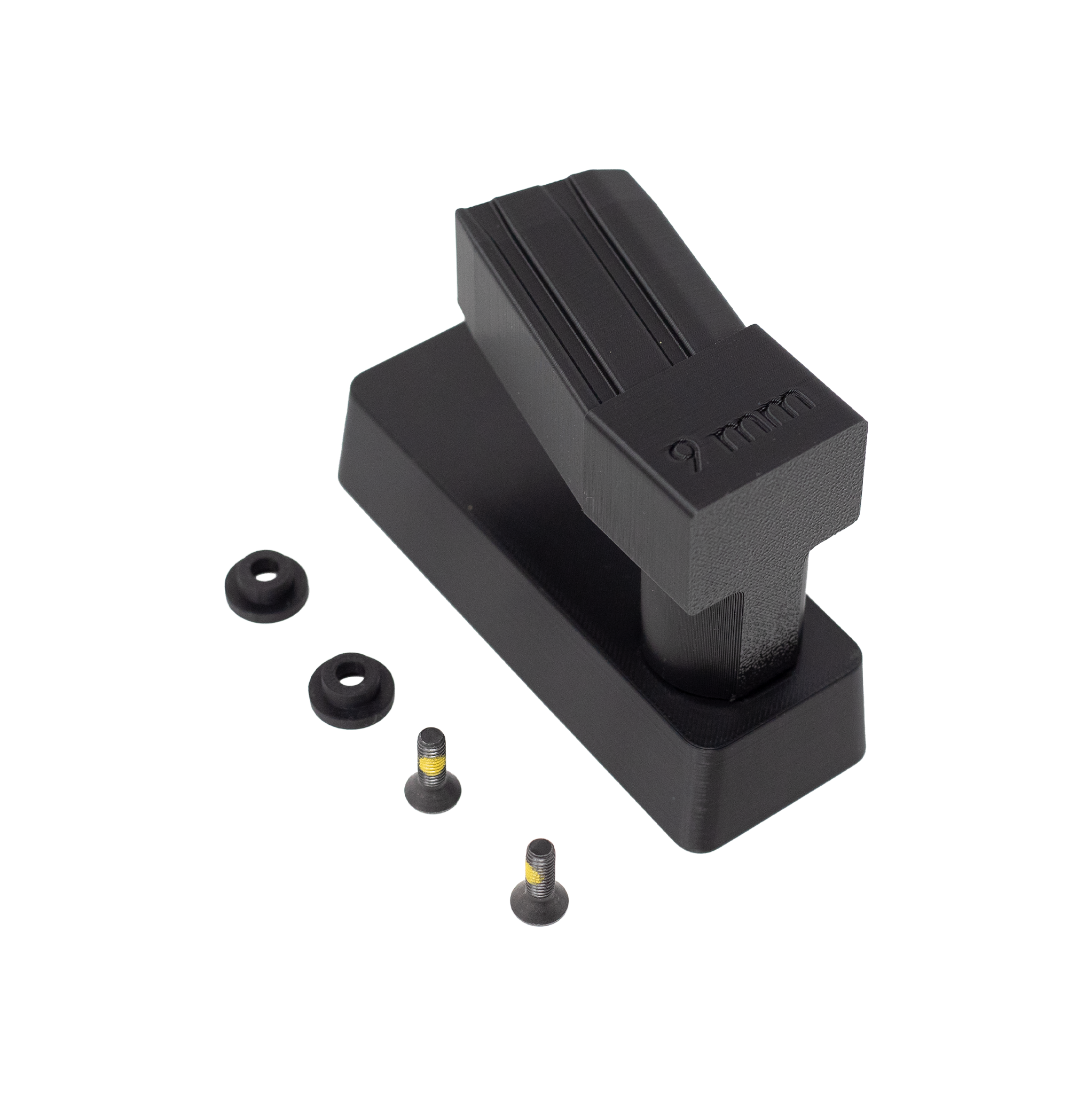 Black plastic magazine mounted 9mm pistol right mount with screws on a white background