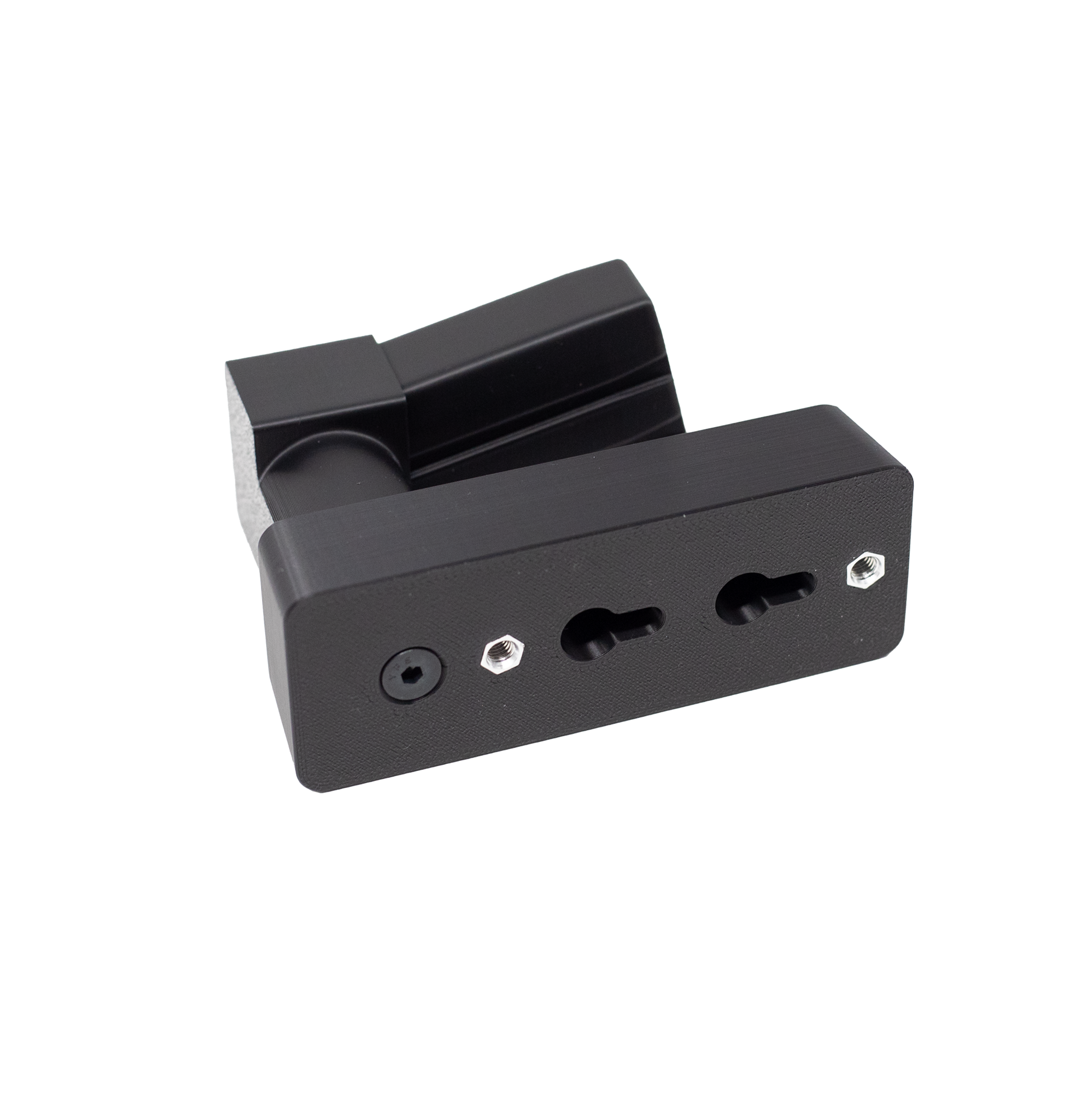 backside of magazine mounted pistol hanger showing slots for direct wall mounting on a whilte background