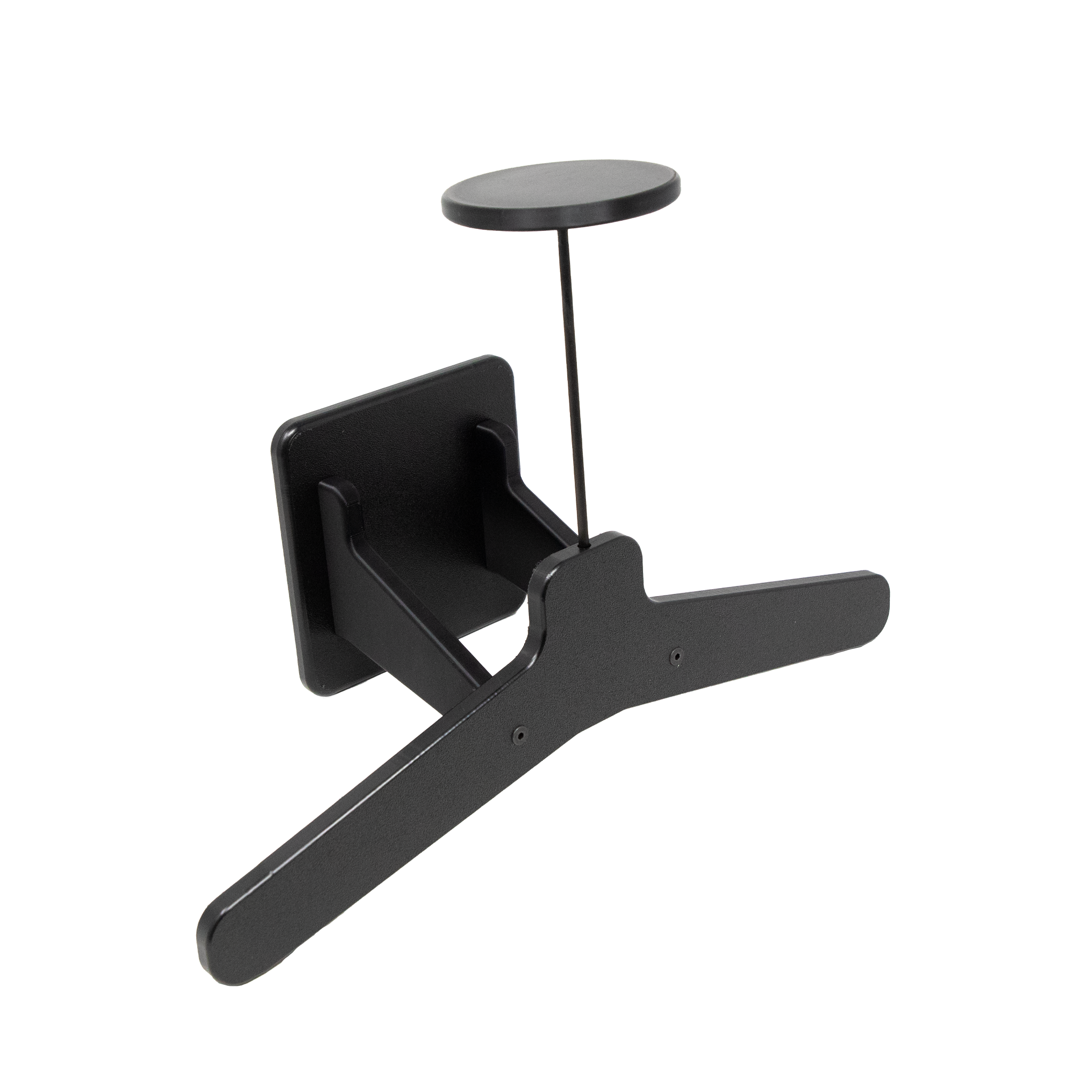 Assembled view of black plastic plate carrier and helmet hanging system meant for heavy duty tactical gear to mount to Assault Wall slat wall