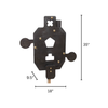 Triple Threat silhouette steel shooting target with three reactive paddles, shown with dimension lines indicating 18 inches wide and 35 inches tall and 9.5 inches deep on a white background.