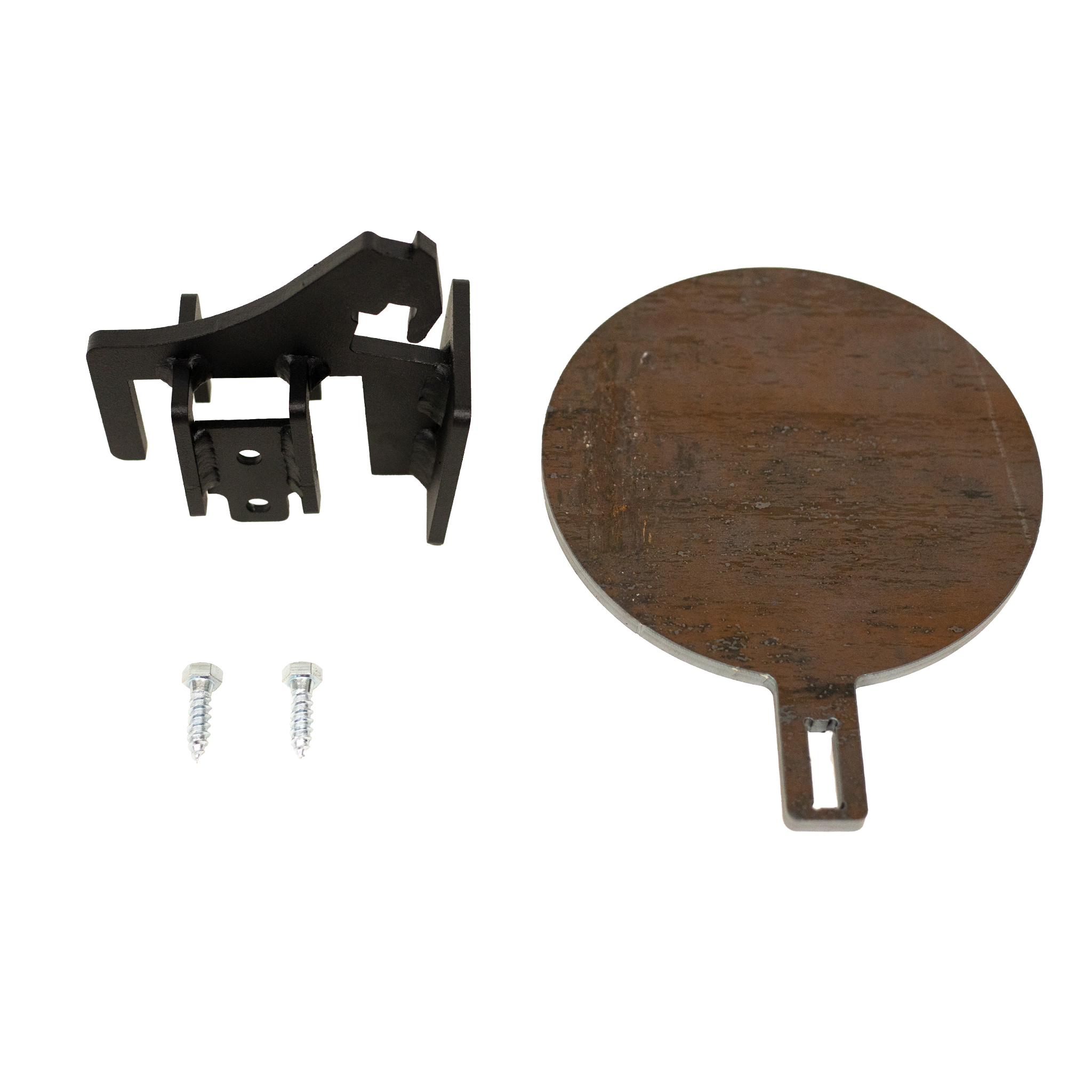 un-assembled 2x4 hanger, 8" knock down gong, & mounting hardware on a white background