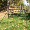 Full stand view of assembled KYL steel targets with black spacers seperating the targets evenly and locking collars on each end to keep the targets from sliding around on the crossbar