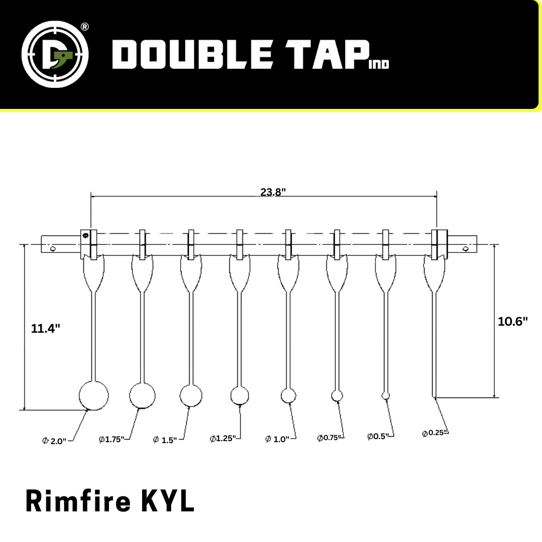 Drawing of an assembled rimfire KYL with measurements and Double Tap Ind. branding.