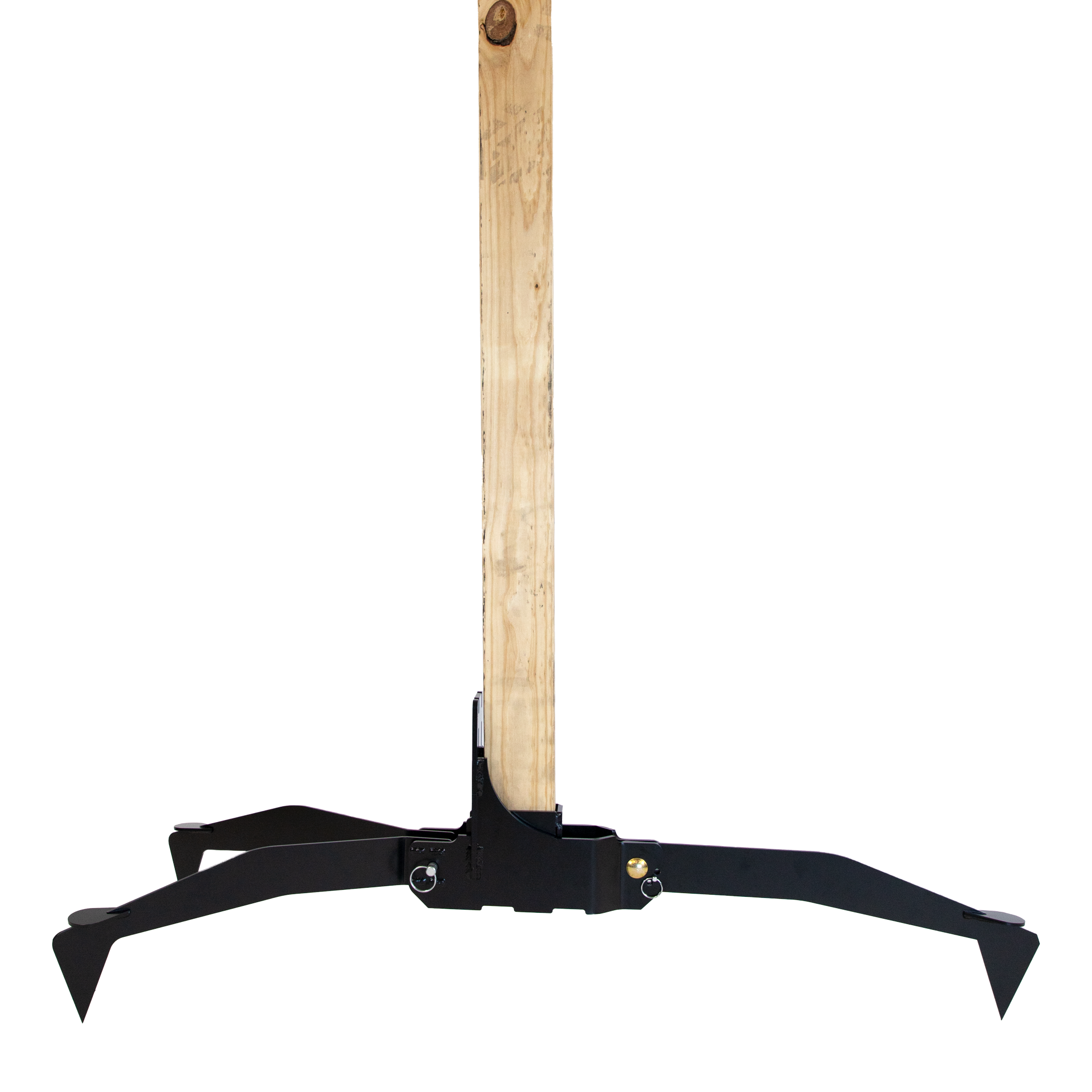 Adjustable 2x4 stand base for steel targets with portable 3 spiked leg design assembled on white background