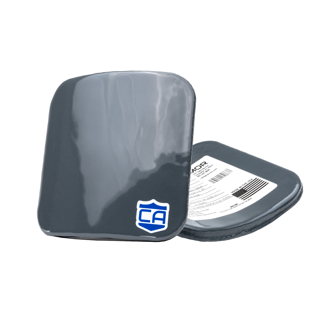 AR550 AV2 RF2 6x6 inch steel alloy side armor plates with PolyShield coating on a white background