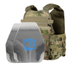 Front view of the AR550 Level III+ shooters cut Body Armor Package with scorpion Condor MOPC plate carrier on a white background