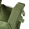 AR550 Quick Response Body Armor Package with OD green plate carrier close up shoulder strap for adjustability and comfort on a white background