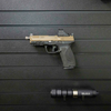 Assault Wall Magnetic gun mount shown with pistol mounted horizontally by the slide via built in magnets, mount has been slid into position on a black Assault Wall slat panel, supressor and mount also shown in bottom of the image