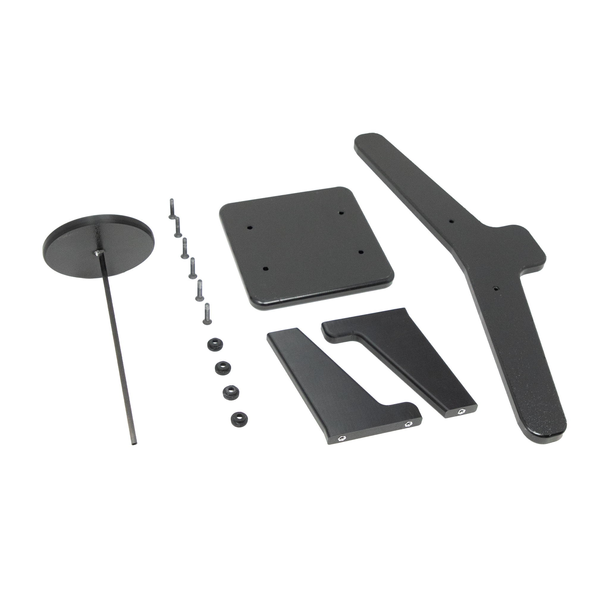 Unassembled view of black plastic  plate carrier and helmet hanging system meant for heavy duty tactical gear to mount to Assault Wall slat wall