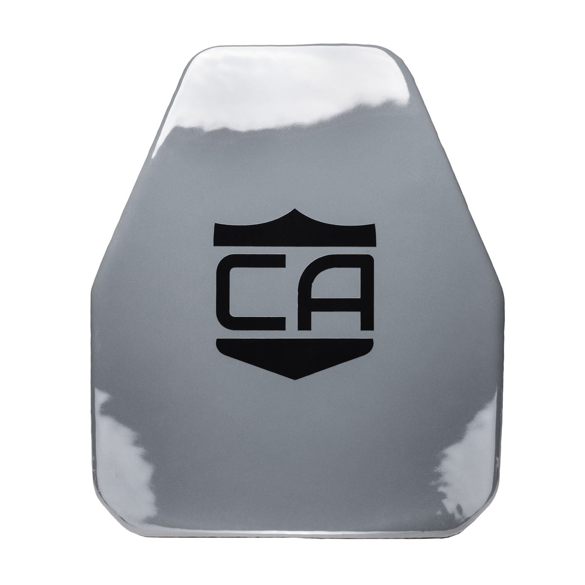 Front view of AV2 Multi-Curve RF2 steel alloy body armor plate with PolyShield coating shooters cut on white background