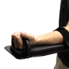 Profile view of black 8" x 17" Caliber Armor Pistol rated Level IIIA HG2 Ballistic Shield held out straight by a man grabbing the handle and using the valcro forearm strap a white background