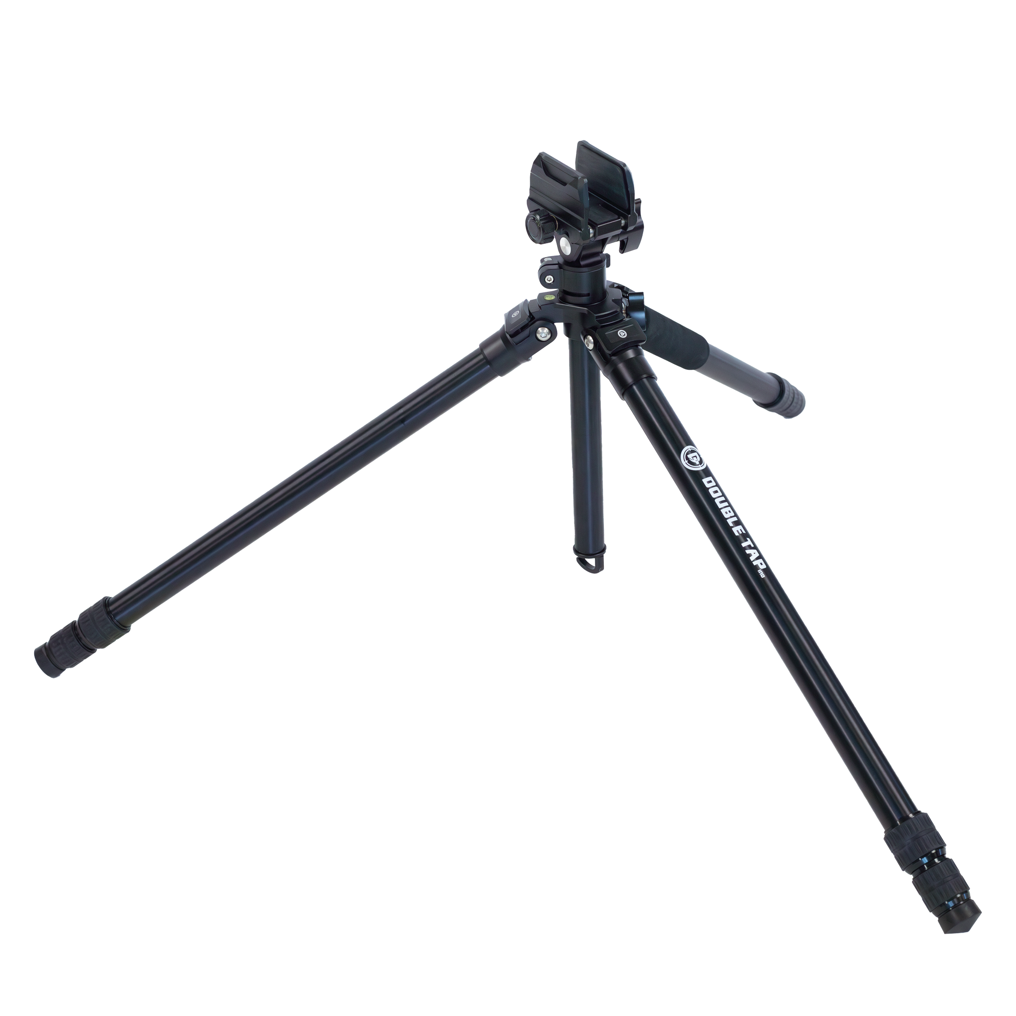 black aluminum shooting tripod with saddle clamp attachment and legs shortened and extended to demonstrate adjustability on a white background
