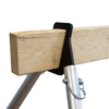 Close-up of double tap industries AR500 steel target 2x4 stand bracket with powder-coated finish