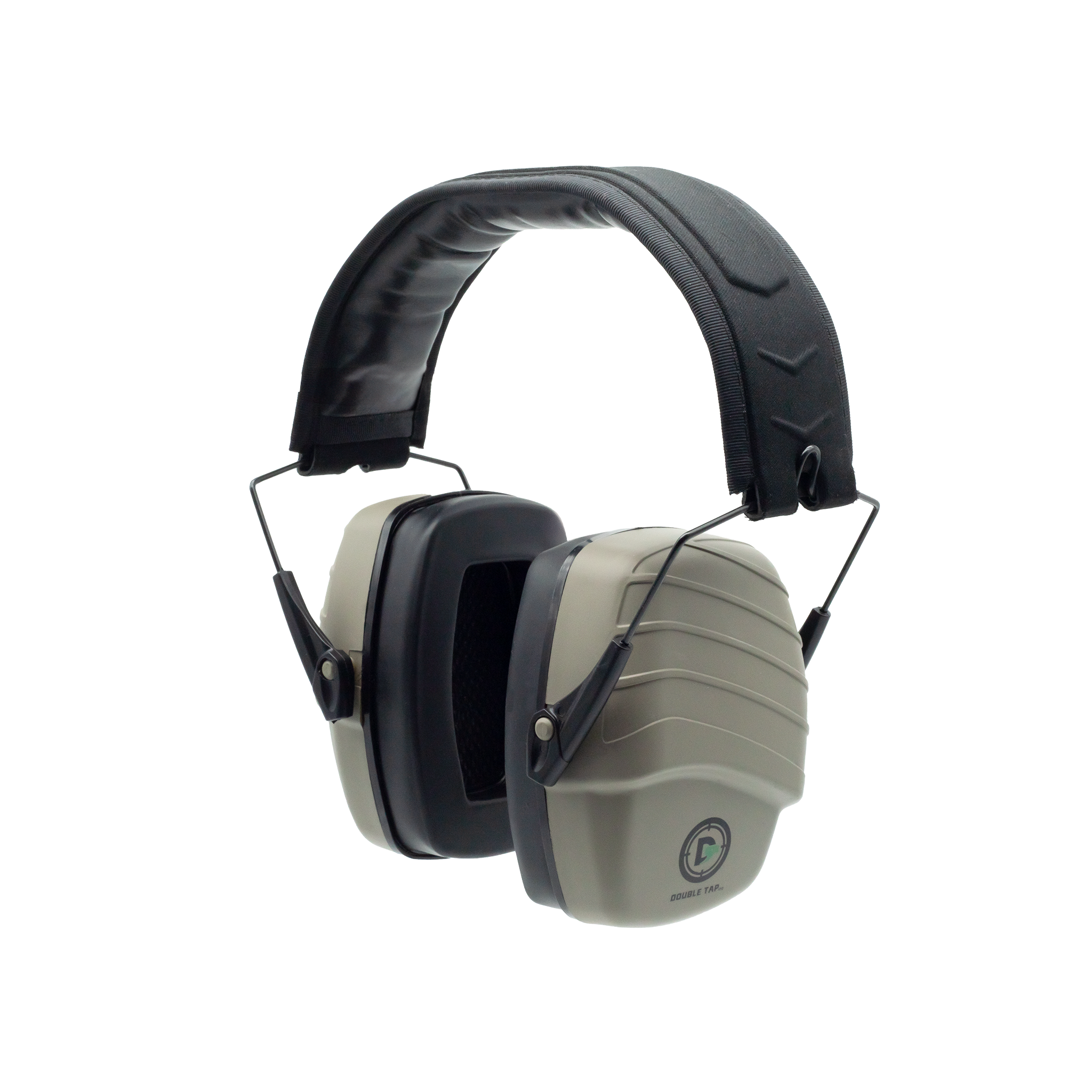 Double tap industries passive earmuffs for hearing protection at the shooting range side view on white background