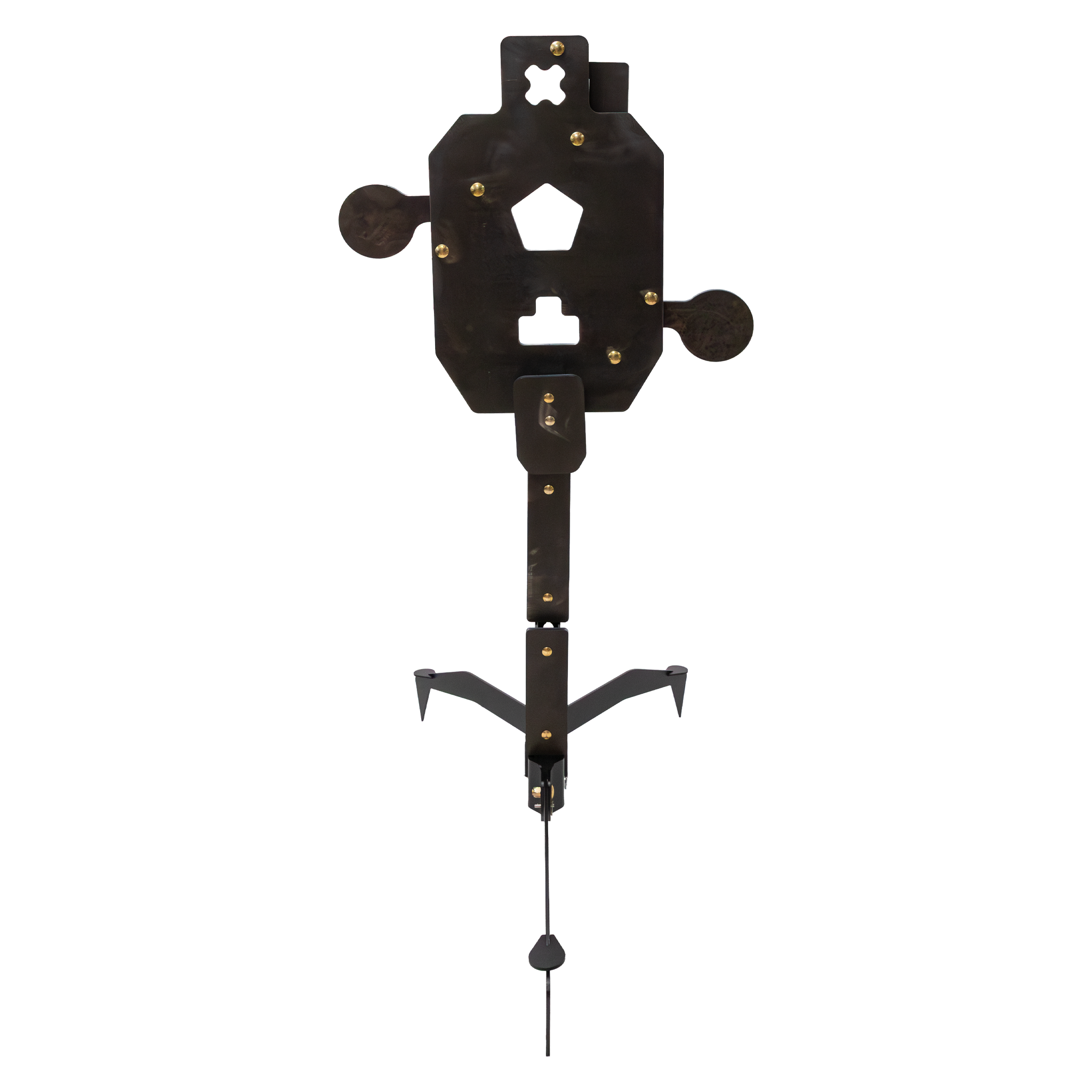 Double Tap Industries triple threat reactive steel target with self-resetting AR500 paddles and silhouette target front view on white background