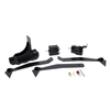 Flat lay of spiked 2x4 steel target stand kit components on white background