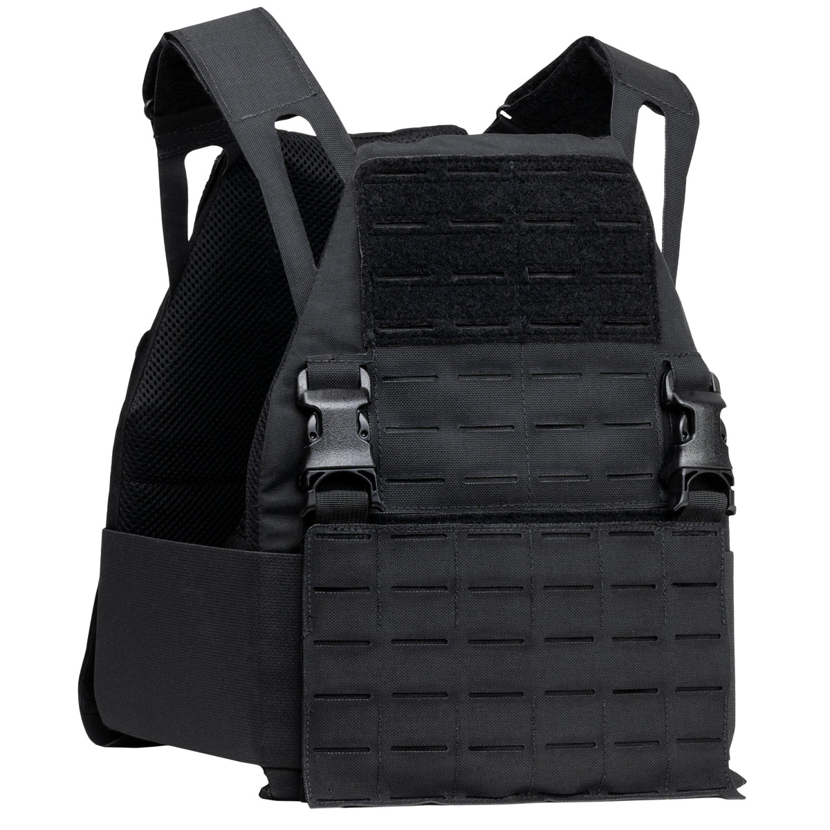 Front view of black DV8 Plate Carrier showing adjustable carrier design