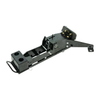 A black metal fall popper base for forward or rear falling that has been assembled and has the base extention or slide in the shortest position pinned in place for transport or target use
