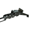 A black metal fall popper base for forward or rear falling that has been assembled and has the base extention or slide in the most extended position located on a white background.