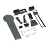 Components laid out that are included in the black metal fall popper target with base for forward or rear falling with a 33 inch classic ipsc popper steel target with included rubber fall bumper located on a white background.