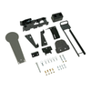 Components laid out that are included in the black metal fall popper target with base for forward or rear falling with a 22 inch classic ipsc mini popper steel target with included rubber fall bumper located on a white background.