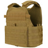 Front view of the coyote brown Modular Operator Plate Carrier (MOPC) Gen II by Condor Outdoor with cummerbund on a white background