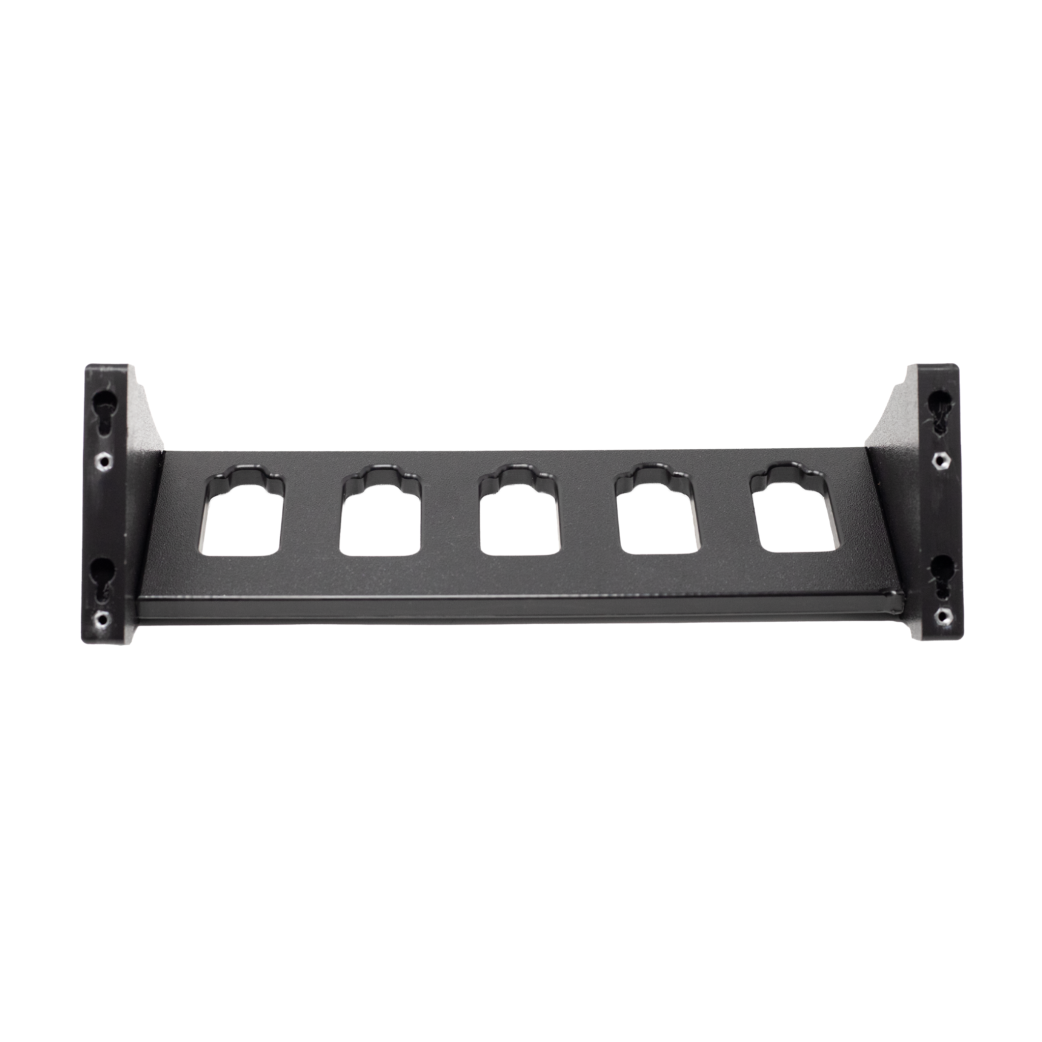 Backside view of black plastic five pistol storage and organization mount whoing the direct wall mounting slots or the silver locations for slat wall mounting hardware