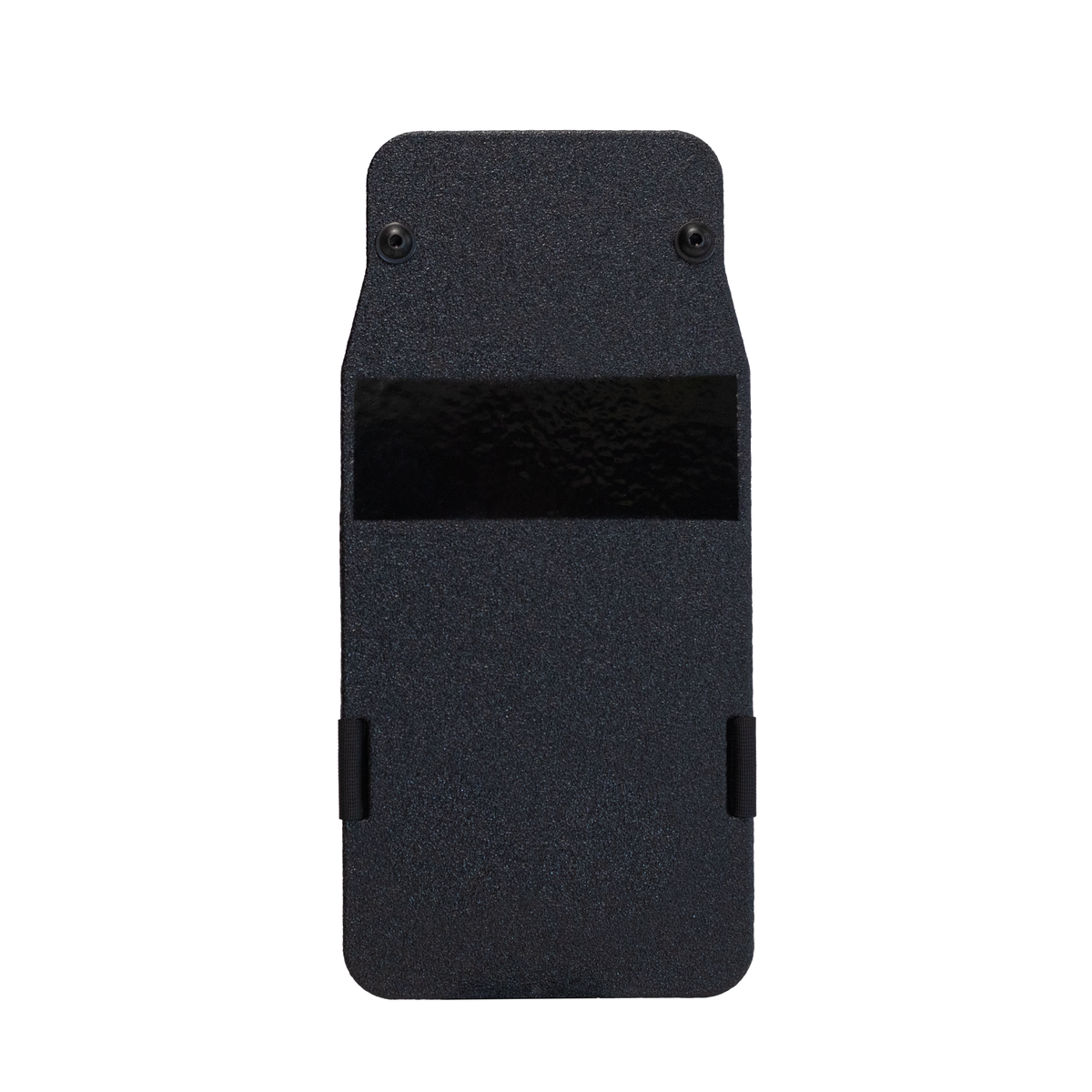 Front view of black 8" x 17" Caliber Armor Pistol rated Level IIIA HG2 Ballistic Shield on a white background