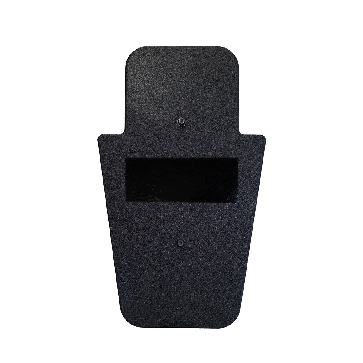 Front of black 15" x 25" Caliber Armor Pistol rated Level IIIA HG2 Ballistic Shield with fixed handle in the center on a white background