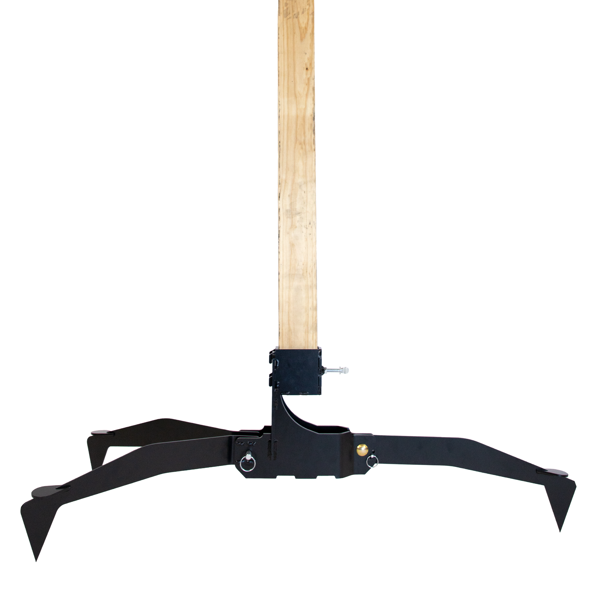 3-leg steel target stand system with adjustable target positioning with spiked feet assembled on a white background