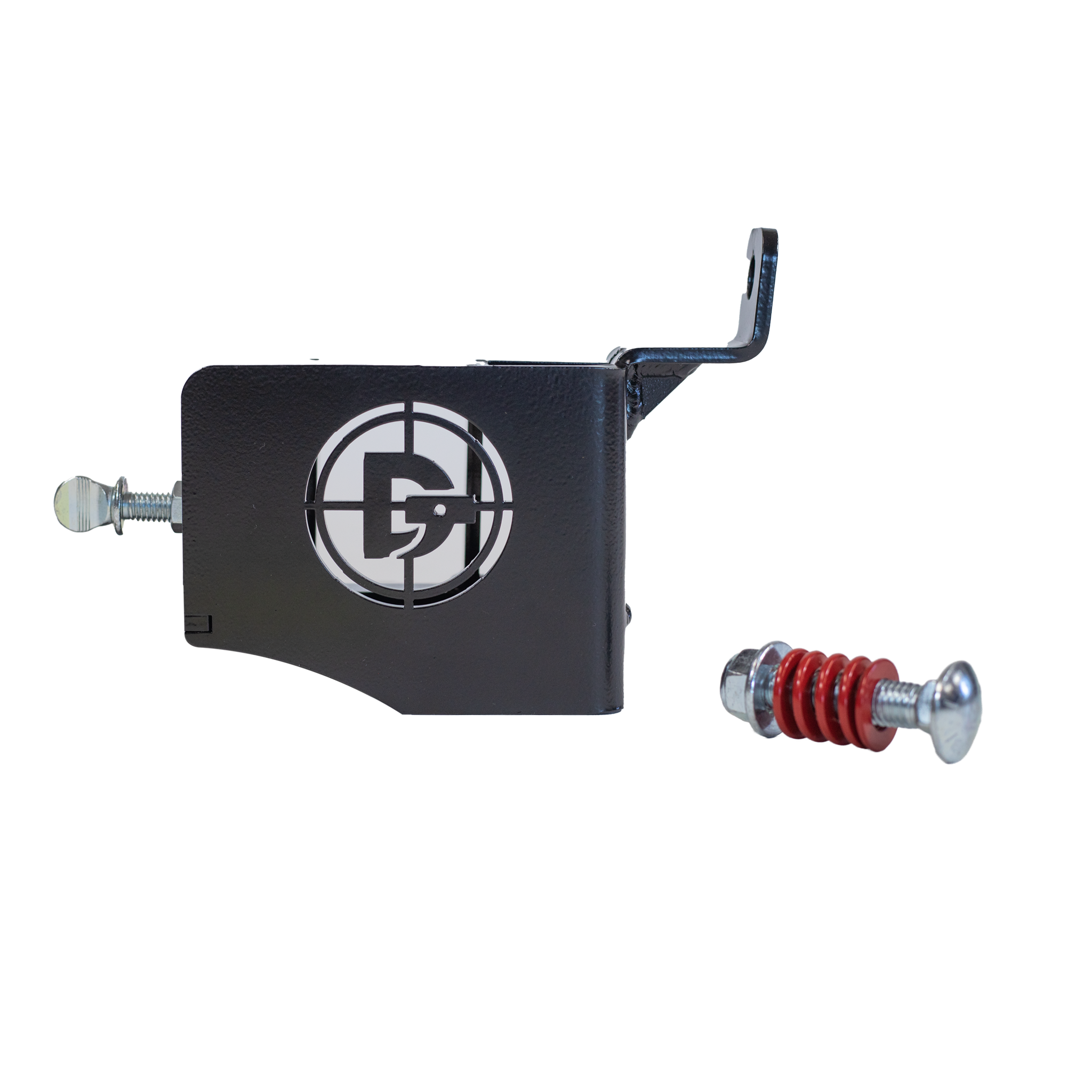 close up view of 2x4 target hanger with shock absorbing bolt and spring on a white background