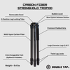 a diagram demonstrating features and specifications of the carbon fiber stronghold shooting tripod from double tap industries