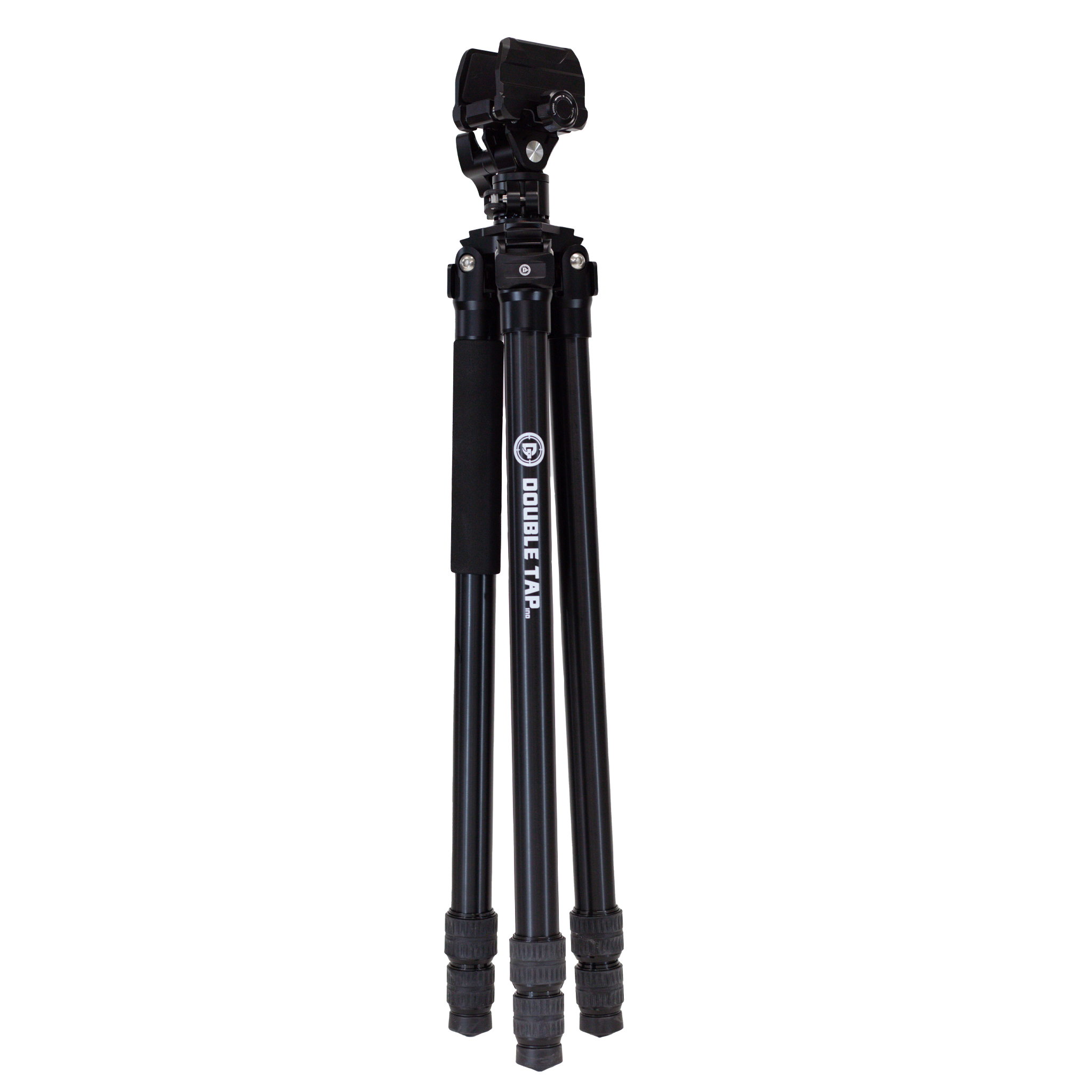black aluminum shooting tripod with saddle clamp collapsed on a white background