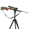 angled shooting demonstrated with rifle mounted in saddle clamp on black aluminum shooting tripod on a white background