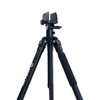 black aluminum shooting tripod with quick mount saddle clamp on a white background