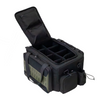 Modular tactical range bag with padded dividers and MOLLE webbing featuring interior ykk zippered storage pockets on the main compartment flap